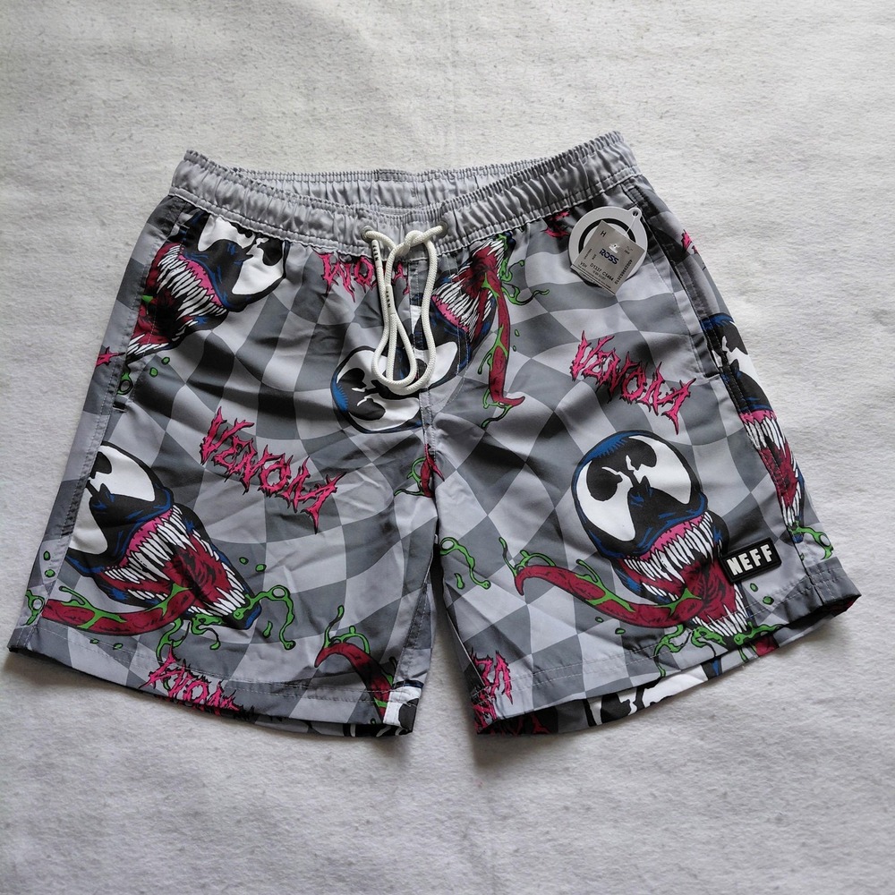 NEFF Marvel Venom Swim Shorts Mens Gray Small Checkered Board Shorts Trunks NWT